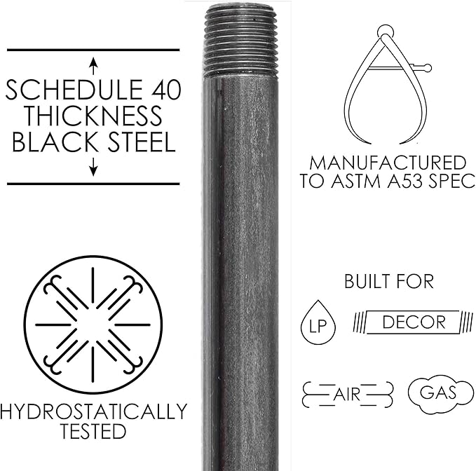 Pipe Decor 1/2” x 60” Malleable Cast Iron Pipe, Pre Cut, Industrial Steel Grey Fits Standard Three Quarter Inch Black Threaded Pipes Nipples and Fittings, Build Vintage DIY Furniture, 4 Pack