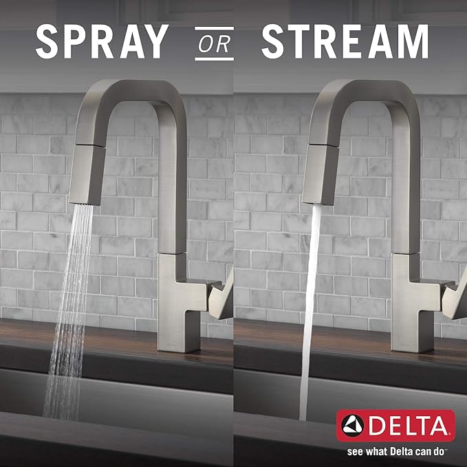 Delta Junction Brushed Nickel Kitchen Faucet with Pull Down Sprayer, Modern Single Hole Kitchen Sink Faucet, Single Handle, Spotshield Stainless 19825LF-SP