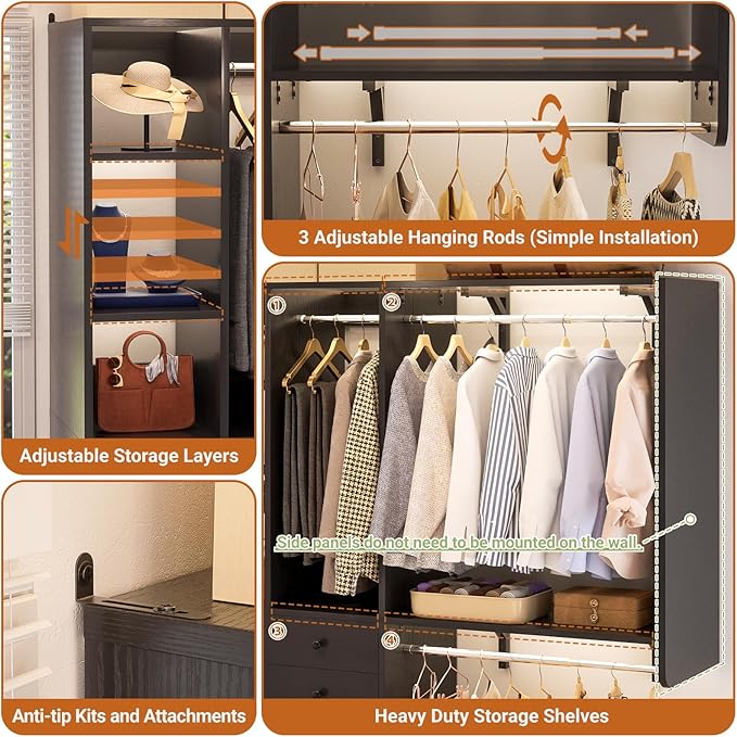 Closet System - 5FT Small Closet System with Drawers, 60" Closet Organizer System with Reversible Hanging Shelving, Closet Systems for Small/Walk-in Closets, Black