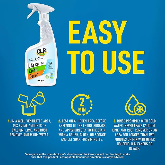 CLR Brands® Calcium, Lime & Rust Remover Free & Clear, No Dyes or Fragrances, Gentle Lime and Bathroom Descaler, Removes Hard Water Stains and Rust Deposits, 26 Oz Bottle (Pack of 1)