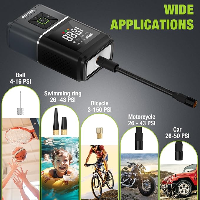 WORKPRO Portable Tire Inflator, 7.2V/12V Small/Mid/Large Air Compressor, Digital Display, Auto Shut-Off, 5 Modes, LED Light, High Airflow, for Car, Motorcycle, Bike, Balls