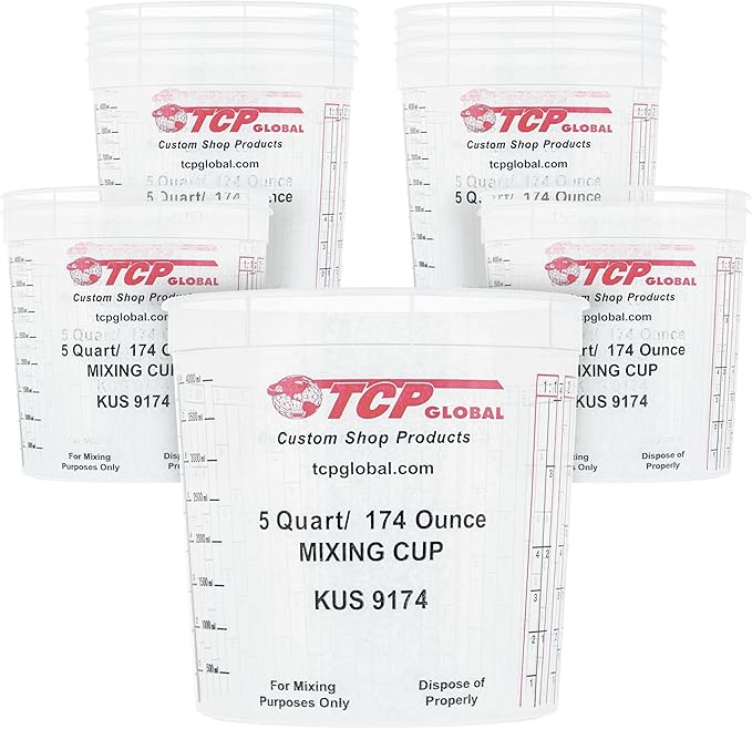 Custom Shop Paint Mixing Cups, 5-Quart (12 Pack) - Plastic Measuring Cups for Liquids, Automotive Painting, Epoxy Resin, Acrylic Arts, Crafts, Disposable or Reusable, Graduated, Mixing Ratios