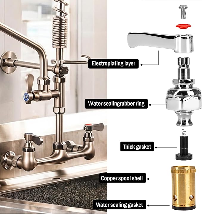 Handle Stem Assembly Fits for T&S Brass Faucets Replace 002712-40, Red Hot Side Spindle Assembly Valve Replacement Part Eterna Full-Turn Faucet with Check Valve Lead-Free 2712-40