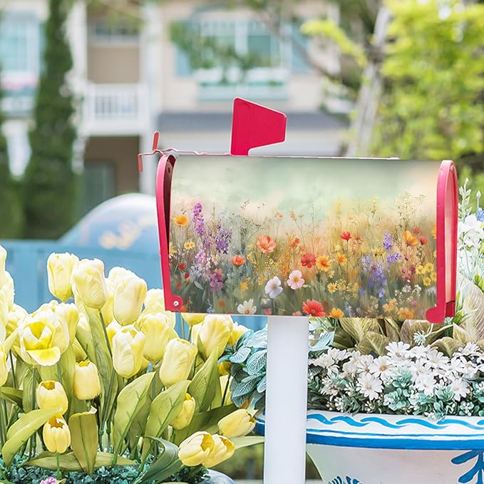 Kawani Spring Floral Mailbox Covers Magnetic Summer Wild Flower Mailbox Covers Magnetic Standard Size 25.5x21 Inch Spring Easter Holiday Post Letter Box Cover for Garden Yard Decor