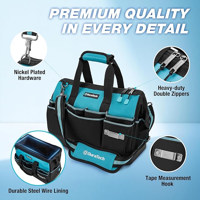 DURATECH 16-Inch Heavy Duty Tool Bag with Waterproof Hard Bottom, Tool Bag Organizer Wide Open Mouth with 18 Pockets, Portable Toolbag for Men Mechanic Electrician Plumber HVAC