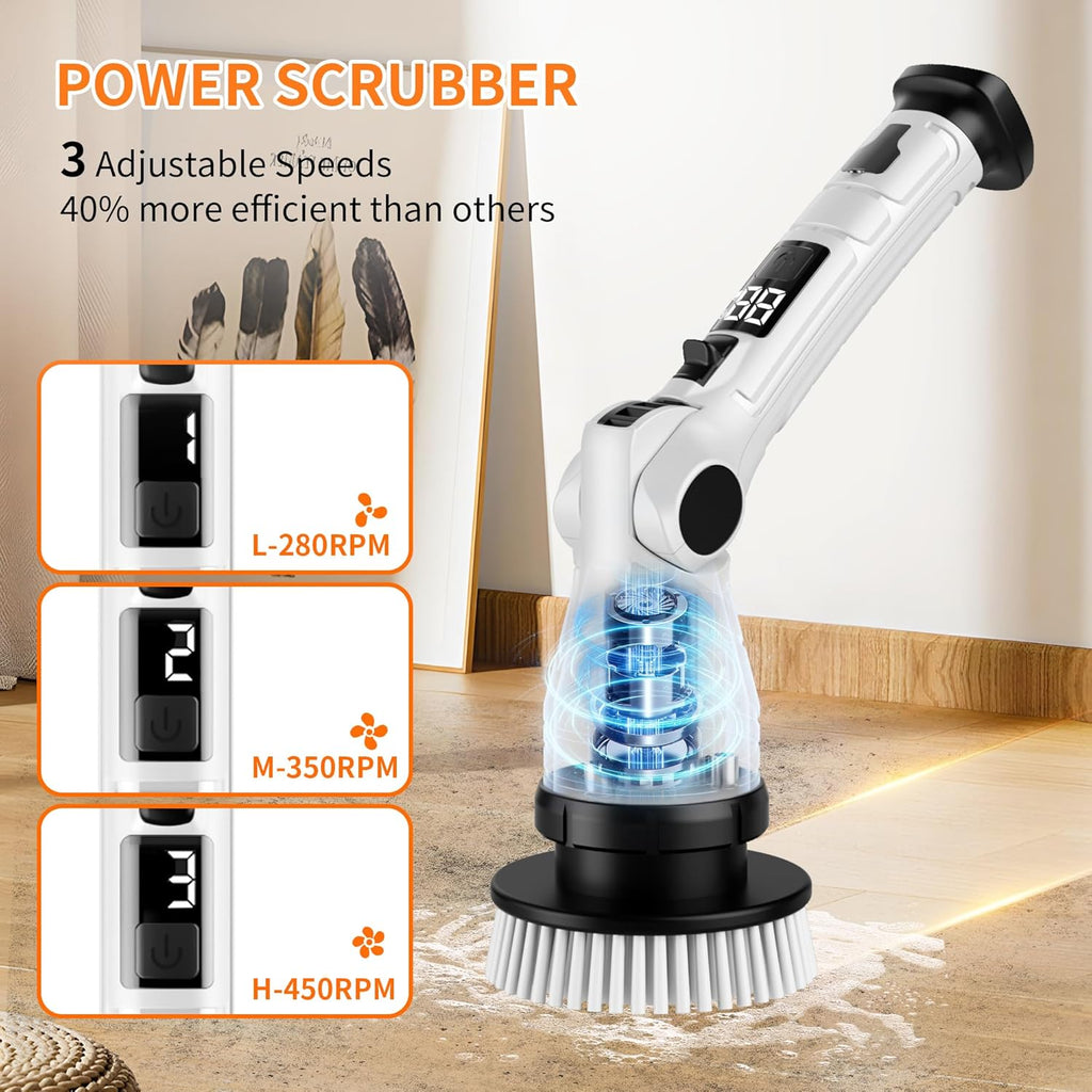 Electric Spin Scrubber, Power Electric Scrubber for Cleaning, Shower Cordless Cleaning Brush with 6 Adjustable Angles,8 Brush Heads, 3 Speed Mode, Electric Cleaning Brush for Bathroom/Tub/Floor/Tile