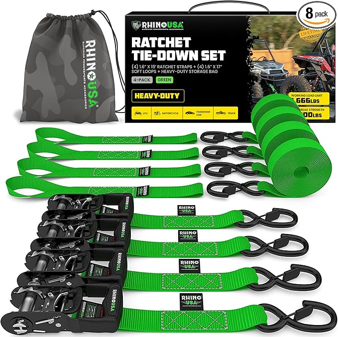 Rhino USA Ratchet Straps Heavy Duty Kit (4-Pack) - 1.6 Inch x 15 Feet (5,208lb Break Strength) - Ultimate Tie Down Straps with Safety S Hooks for Trucks, ATV, UTV, Motorcycle, Cargo & More - Green