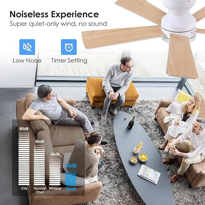 46" Flush Mount Ceiling Fan with Lights - White Modern Fan Light with Reversible Mute Motor, 3CCT Dimmable, Wind Speeds Adjustable, Low Profile Light Fixure for Indoor Use, Bedroom