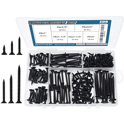 High Hardness Black Wood Screws Assortment Kit, 209 pcs, Phillips Drive Flat Head, Wood Screws, Screws, Drywall Screws, Assorted Screws, Screws Set, 6 Sizes (2”,1-1/2”,1-1/4”,1”,3/4”,1/2”)