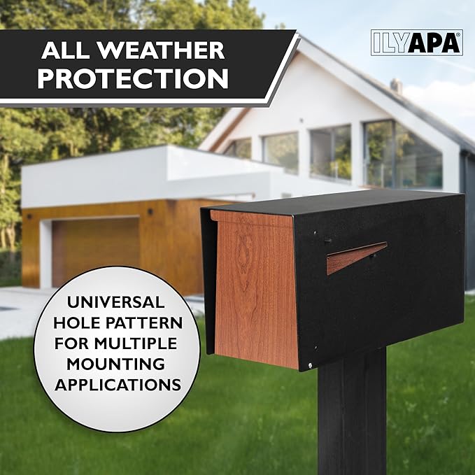 Ilyapa Modern Mailbox for Post Mount - Black Powder Coated Metal Mailbox with Ash Wood Door - Waterproof for Parcels, Recessed Magnetic Close Door