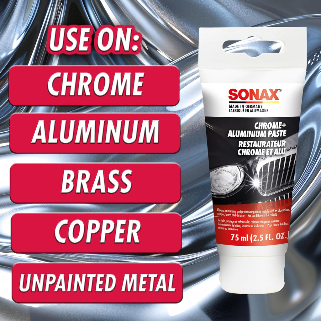 Sonax Chrome & Aluminum Paste | Gentle Cleaner & Protector for Chrome, Aluminum, Brass & Copper | Removes Rust & Corrosion | Restores Shine & Prevents Tarnishing | 308000 | 75ml