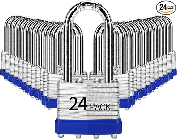 Padlocks Keyed Alike, Pack of 24, Laminated Steel Keyed Lock (1-9/16", 40mm), Padlocks with Same Key, Long Shackle, for Toolbox, Locker & StorageUnit or More