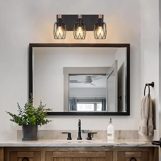 3-Light Vanity Light, Black Metal Bathroom Light Fixtures, Wall Sconce with Wood Accent, 16 inch Wide Bathroom Lighting Fixtures Over Mirror for Living Room, Bedroom, Hallway(Black, 3-Light)