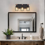 3-Light Vanity Light, Black Metal Bathroom Light Fixtures, Wall Sconce with Wood Accent, 16 inch Wide Bathroom Lighting Fixtures Over Mirror for Living Room, Bedroom, Hallway(Black, 3-Light)