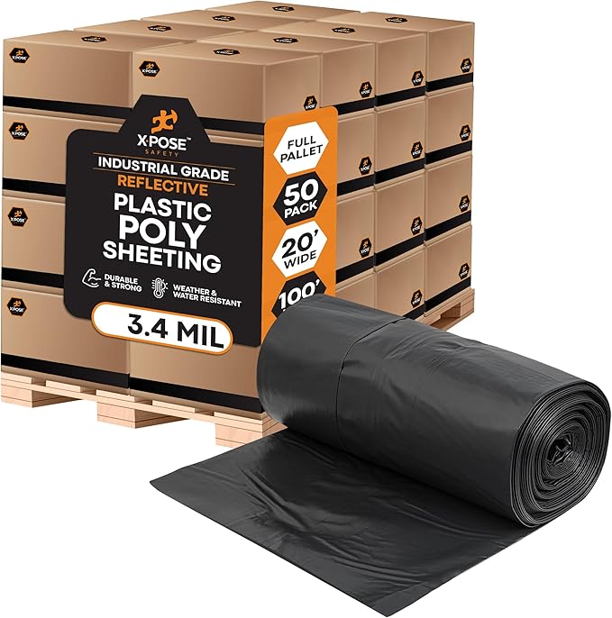 Xpose Safety Black Plastic Sheeting (Bulk Full Pallet 50 Pack) – 20' x 100' Rolls – Heavy Duty 3.4 Mil Poly Sheet – Waterproof, Dustproof, Vapor Barrier – for Construction, Painting, Industrial Use
