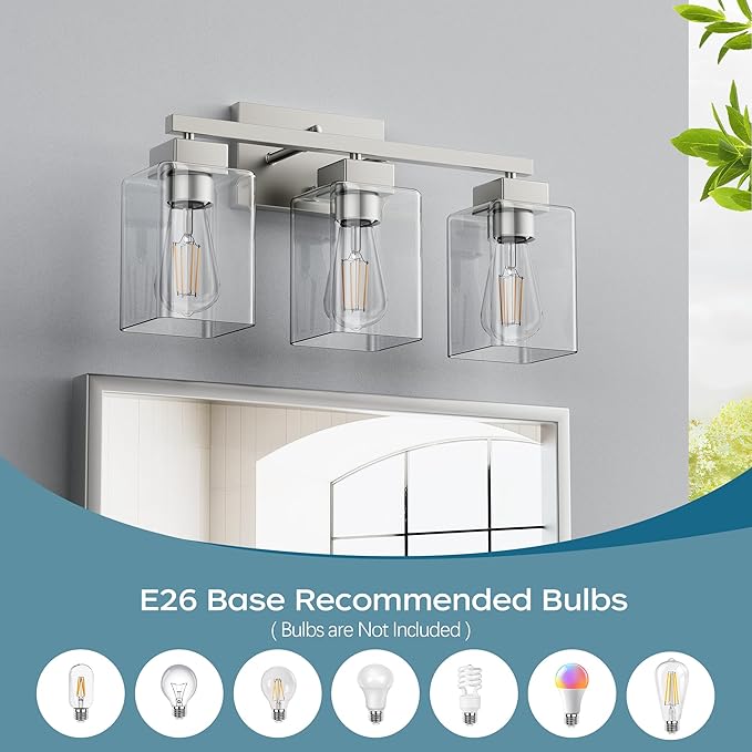 PARTPHONER 3-Light Bathroom Light Fixtures, Brushed Nickel Modern Vanity Lights, Bathroom Lighting Fixtures Over Mirror, Square Design Farmhouse Wall Sconces with Clear Glass Shades