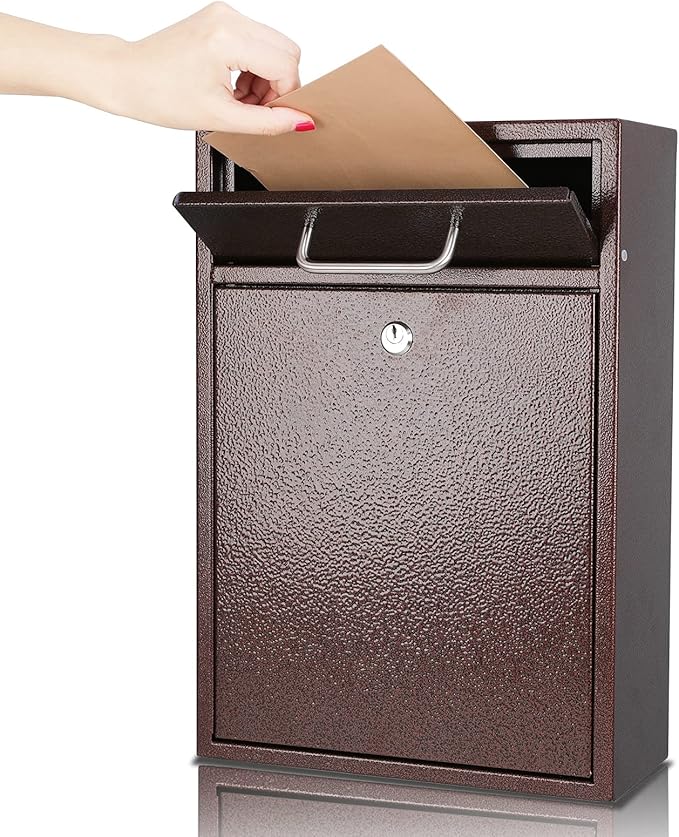 KYODOLED Steel Key Lock Mail Boxes Outdoor,Locking Wall Mount Mailbox, Security Key Drop Box, Collection Boxes,16.2Hx 11.22Lx 4.72W Inches, Bronze X Large