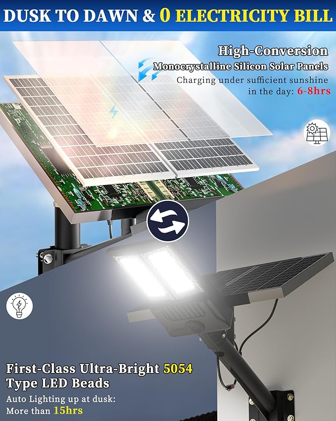 Gefolly SL-8500W Solar Street Lights Outdoor, 500000LM Commercial Parking Lot Light Dusk to Dawn IP67 Waterproof 6500K Security Flood Lights with Motion Sensor Lamp for Yard, Road