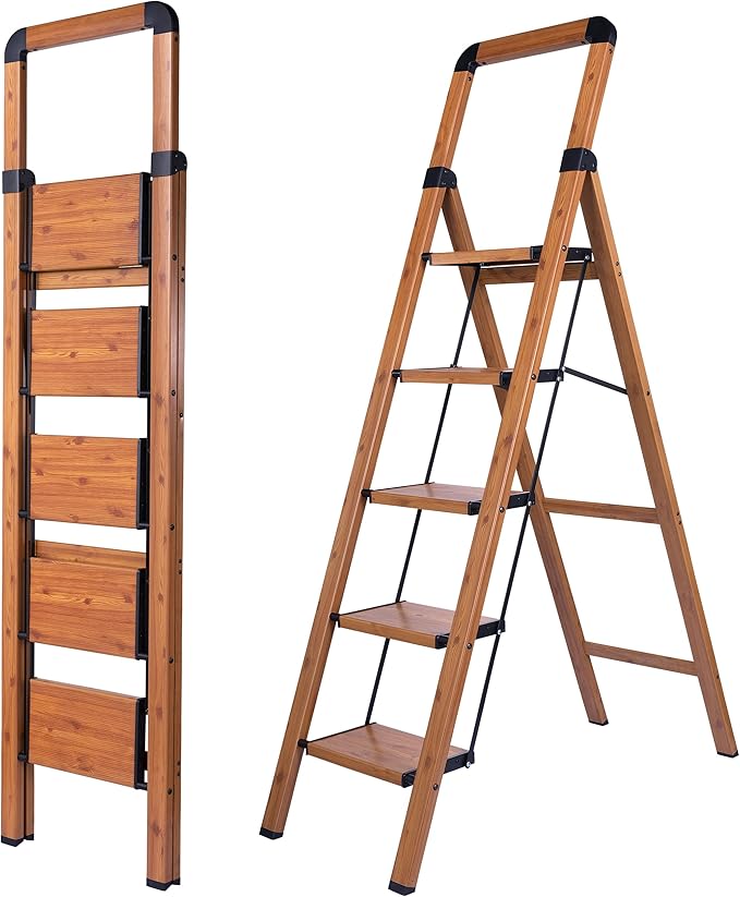 Step Ladders Folding 5-Step Woodgrain Finish Aluminum Foldable Step Stool,Anti-Slip Portable Sturdy for Home & Kitchen Office 330 lbs