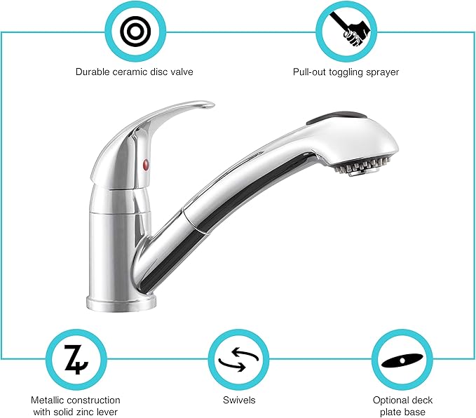 Dura Faucet DF-NMK852-CP RV Pull-Out Swivel Single Handle Kitchen Sink Faucet - One-Hole (Chrome)