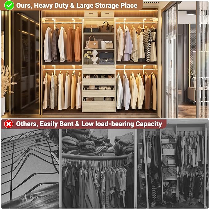 Aheaplus Closet System with Drawers, Wood Closet Organizer System with 4 Hanging Rods & Top Shelves, Walk-in Closets Organizer Wardrobe Clothes Rack, Cut Fits Spaces 4-9FT. Wide, White Oak