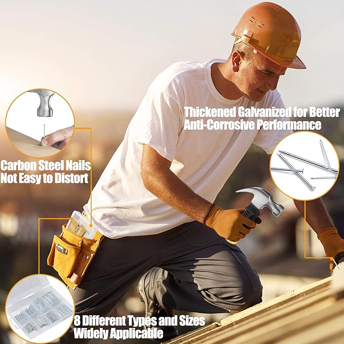 KURUI 700PCs Nails Assortment Kit & 8oz Hammer, Small Hammer for Hanging Wall Art Decor, Picture Frame, 350 Roofing/Wall Nails & 350 Finishing Nail