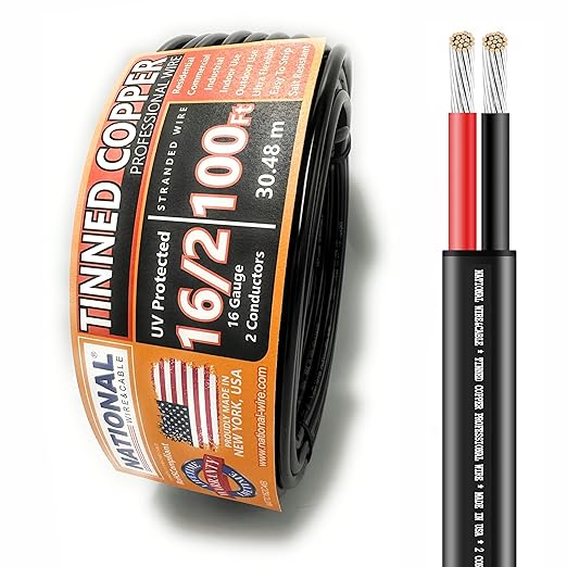 National Wire&Cable - 16/2 Tinned Copper Professional Wire (100 Feet) 16 AWG Gauge Stranded PVC Cord - 2 Conductor Electrical Wire - Made in USA - CL Rated/ETL Listed - LED Light, Low Voltage Cable