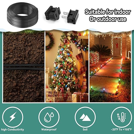 SPT-1 Wire Black 100FT 2 Conductor Flexible Low Voltage Landscape Cord 18AWG, Includes 6pcs Vampire Plugs for Wire Extension of Low Voltage Equipment Inside and Outside The Home Holiday Light Strings