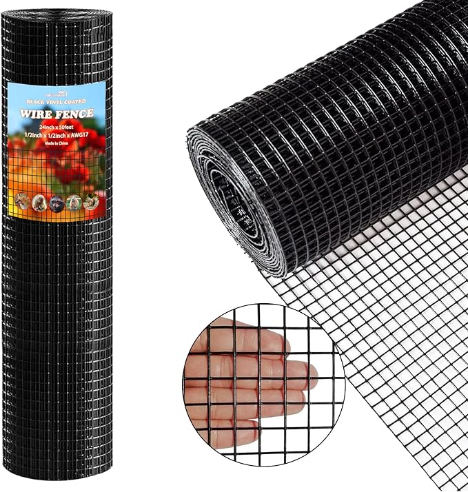 Thinkahead Black Hardware Cloth 1/2 in 24 x 50 ft 19 Gauge Vinyl PVC Coated Galvanized Chicken Wire Fencing, Garden Fence, Rabbit Wire
