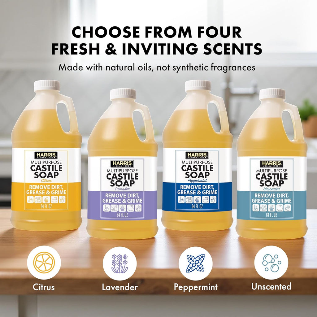 HARRIS Multi-Purpose Pure Liquid Castile Soap for Home Cleaning, Multi-Purpose Cleaner, For Dish Soap, Laundry Detergent, Kitchen and Bathroom Surfaces, Kids Rooms, Unscented, 64 Oz
