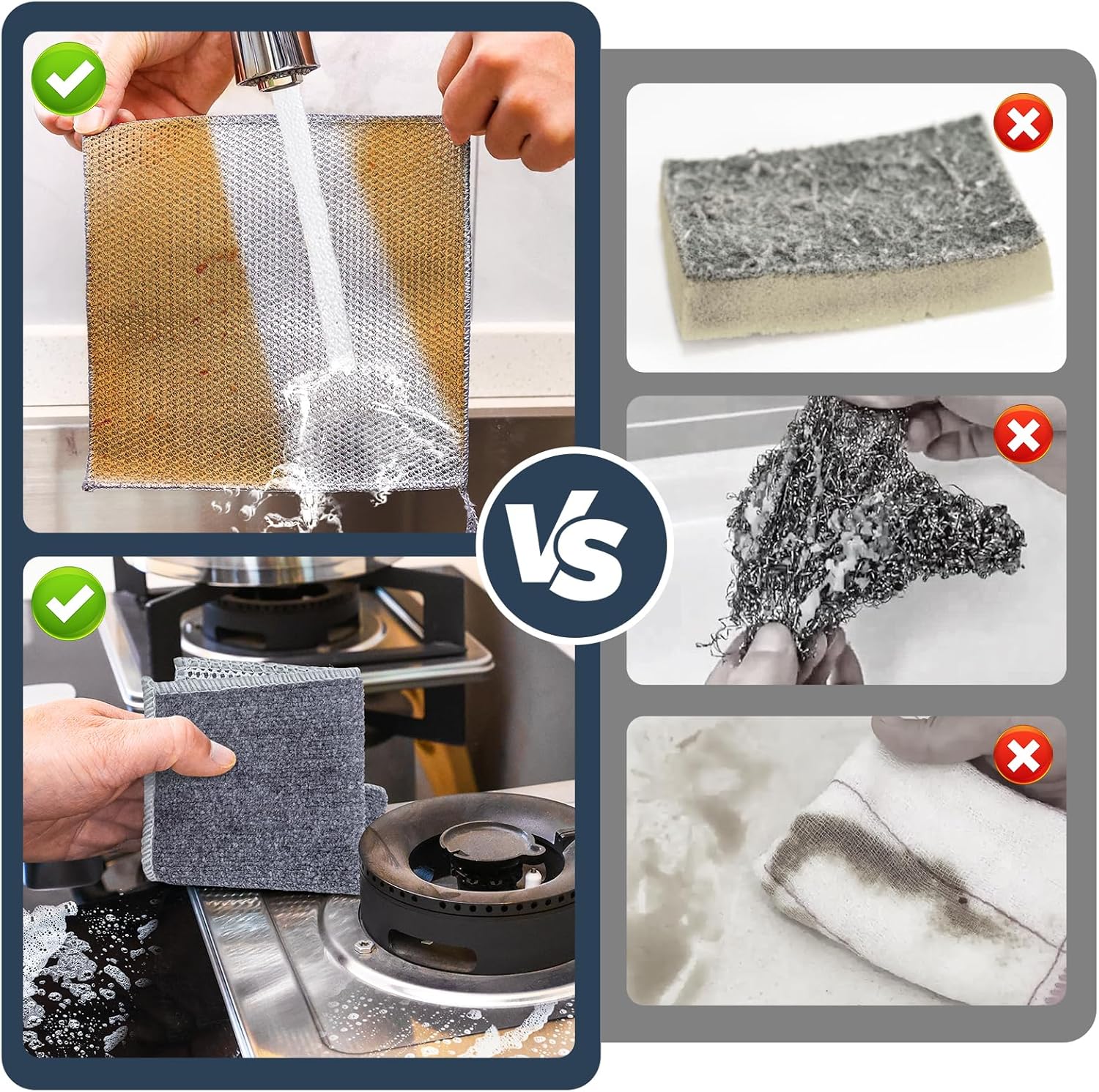 Navona 12Pack Steel Wire Dishcloth, Include 6Pack Triple-Layer Steel Wire Cleaning Cloth, 6Pack Dry and Wet Dual-Use Steel Wire Cleaning Cloth, Powerful Cleaning for Cookware, Sinks, Dishes