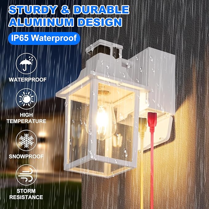 2 Pack White Porch Lights with GFCI Outlet, Dusk to Dawn Motion Sensor Outdoor Lighting, Waterproof Exterior Wall Sconces for House Front Door and Garage