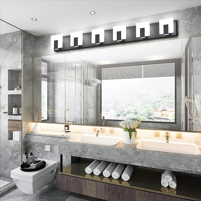 Aipsun 6 Lights Modern Black Vanity Light Up and Down Black LED Vanity Light Fixtures Bathroom Wall Light Over Mirror 6000K