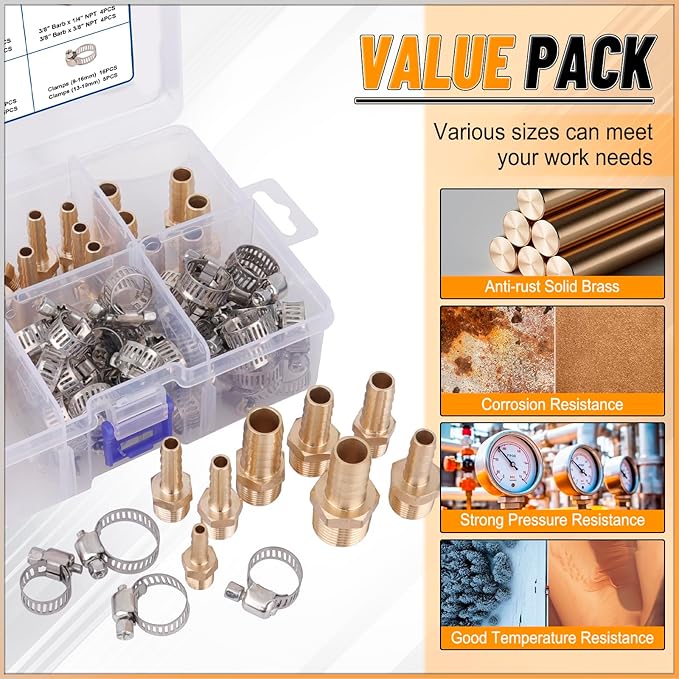 KOOTANS 32PCS Brass Hose Barb Fittings Barb to NPT Male Thread Adapter Kit 3/16" 1/4" 5/16" 3/8" 1/2" Barbed Air Hose Fittings with 46pcs Pipe Clamps for Water Fuel Air Line Connector Fitting