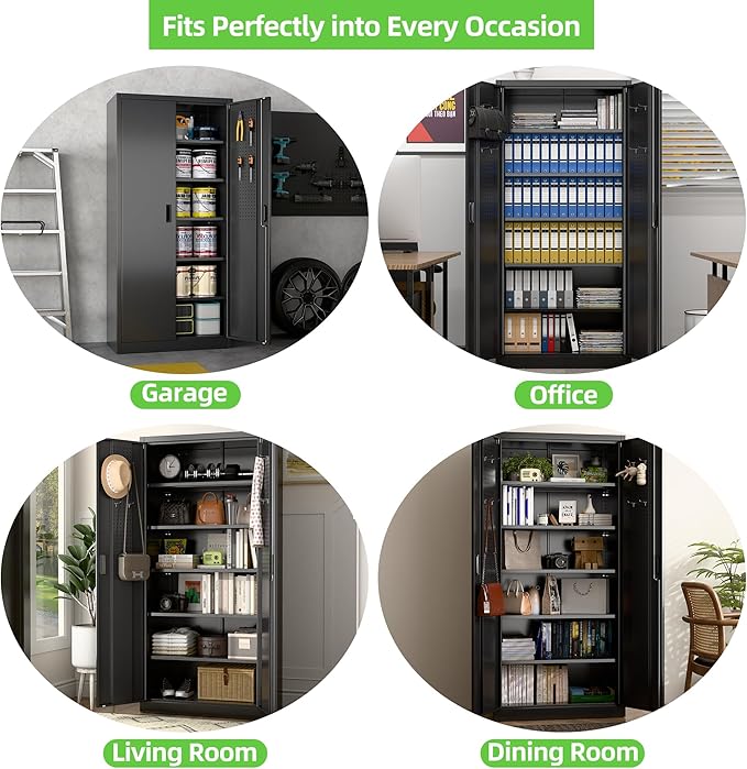Metal Storage Cabinets with 2 Doors and 5 Adjustable Shelves, 71" H Lockable Garage Storage Cabinet with Pegboard and Hooks, File Cabinet with Lock for Office, Home, Garage, Black