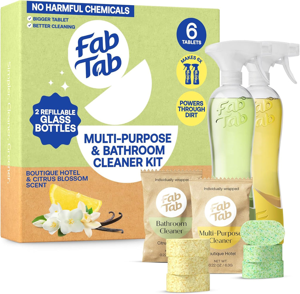 Fab Tab Tablet Cleaner, Multi-Purpose & Bathrom Cleaner for Eco-Concious Cleaning, Non Harmful & Chemical-Free Formula, Convenient Refills with 2 Glass Bottles, Luxury Hotel Scent (6 Refill Tablets)