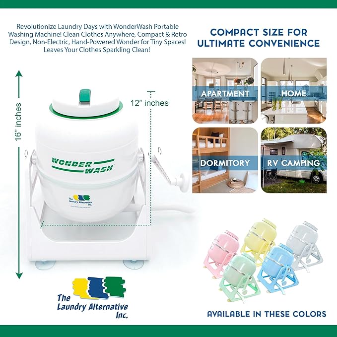 WonderWash Portable Mini Washing Machine for Apartment & Tiny Spaces - Manual Hand Clothes Washer with Retro Design - Clean Laundry Anywhere with Our Countertop, Non-Electric, Small Washer - White