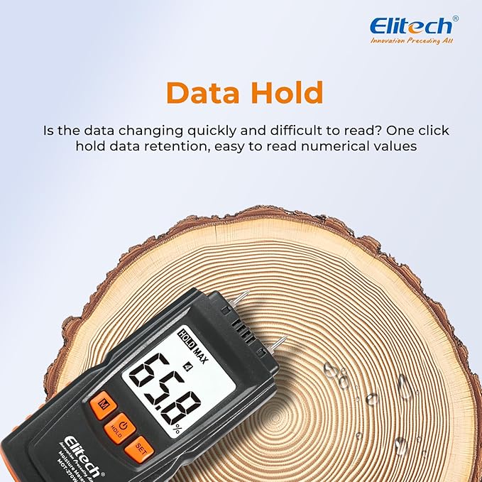 Elitech Digital Moisture Meter Water Leak Detector with Pin Probes, Moisture Tester for Wood Floors Walls with 4 Wood & Material Modes, Hold Function, Max/Min Reading MOT-270W