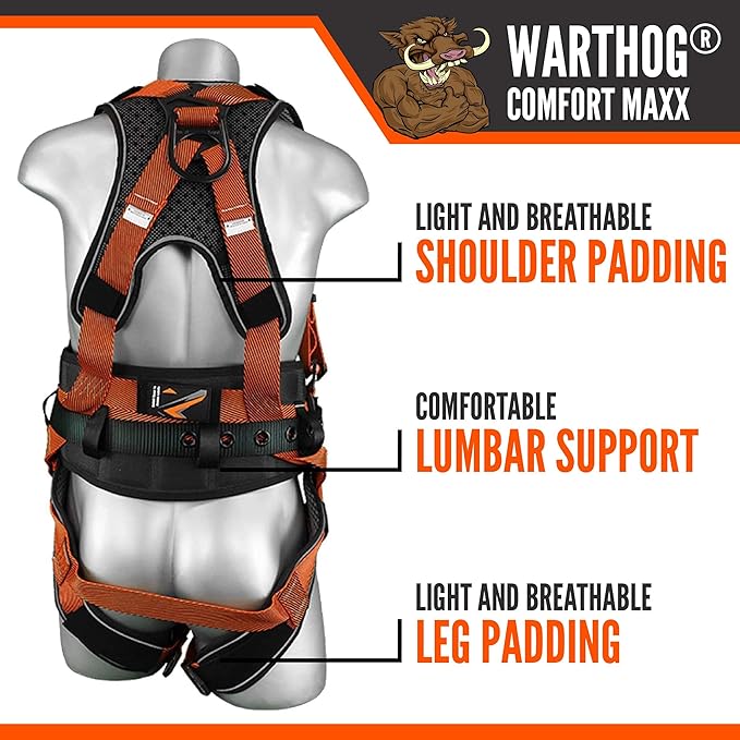 Malta Dynamics Warthog Comfort MAXX - Safety Harness for Construction – Fall Protection Equipment with Removable Belt and Lumbar Support, Side D-Rings, and Padding, OSHA & ANSI Compliant (3XL)