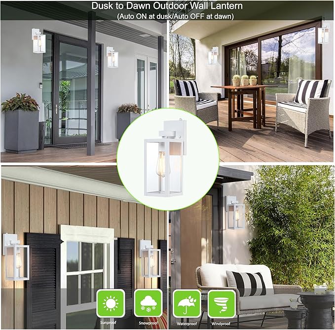 GRUENLICH Dusk to Dawn Large Outdoor Wall Lantern, Wall Sconce as Porch Lighting Fixture, E26 Base Max 60W, Metal Housing with Glass Shade (White, 1-Pack)