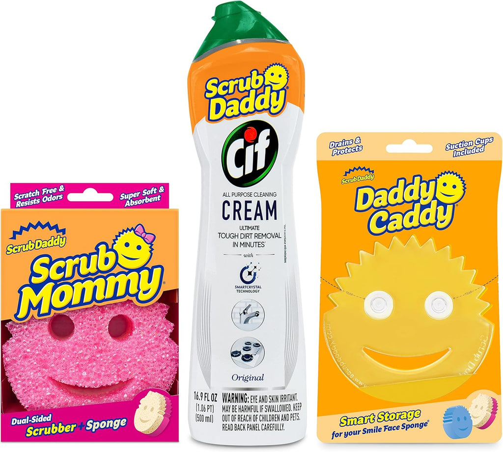 Scrub Daddy Scrub Mommy, Daddy Caddy + Cif All Purpose Cleaner - Scratch-Free, Dual-Sided Kitchen + Bathroom Scrubber + Multipurpose Cleaning Cream - Cleaning Supplies Kit for Multiple Surfaces