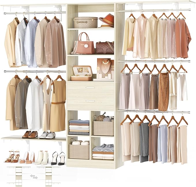 Closet System - 8FT Closet Organizer System with Wooden Drawers, 96" Closet Systems for Nursery & Walk-In Closets with Cuttable Hanging Shelving, Greige Oak