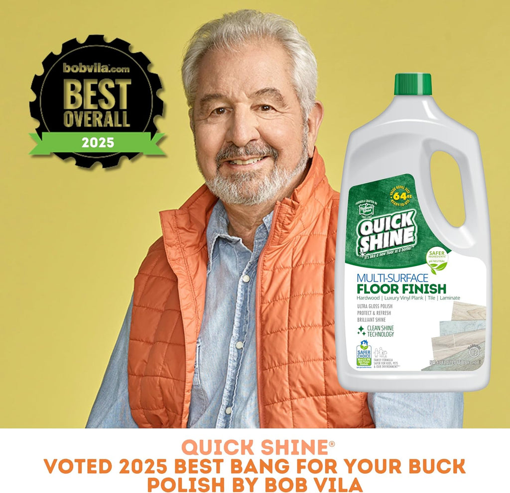 Quick Shine Multi-Surface Floor Finish-Polish 64oz-4pk | Safer Choice, No PFAS, pH Neutral Clean Shine Technology | Squirt & Spread | For Wood, Laminate, LVP, LVT, Tile & Stone | Made in USA