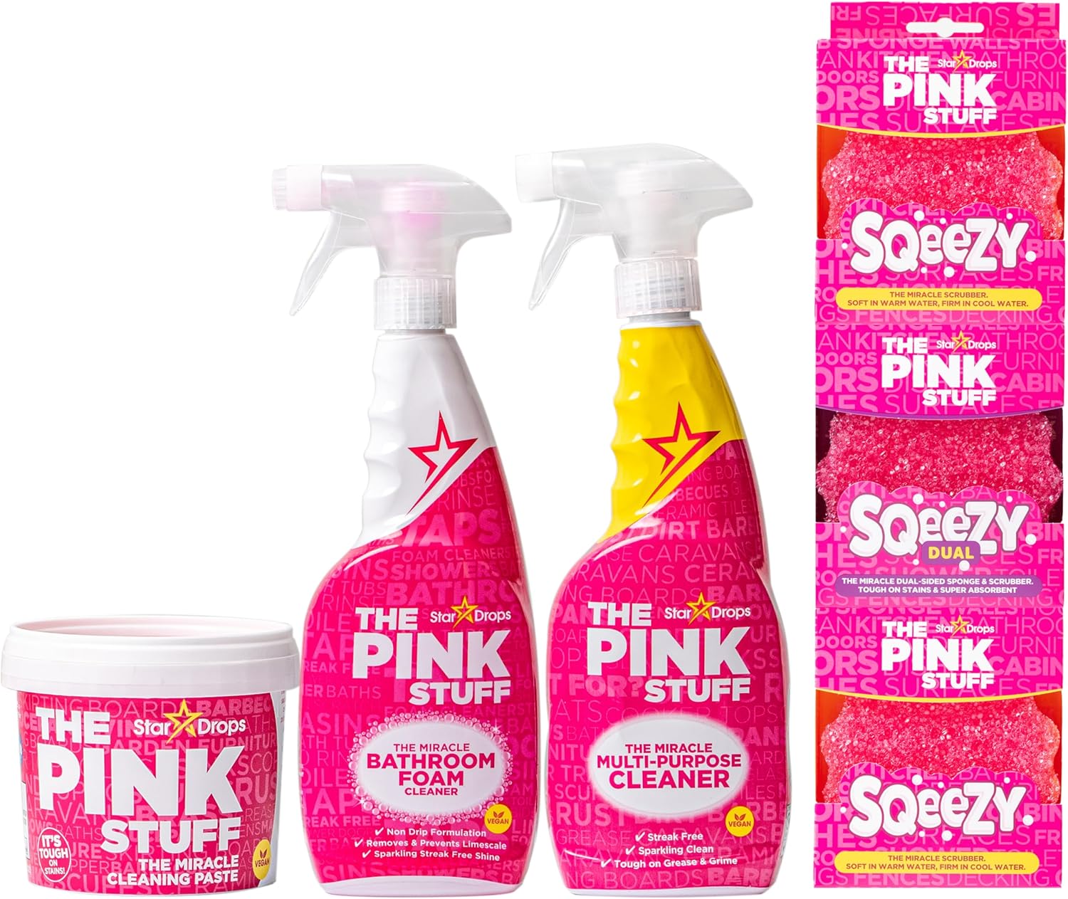 Stardrops – The Pink Stuff Ultimate Cleaning Pack – Miracle Cleaning Paste, Multi-Purpose Spray & Bathroom Foam – Cuts Grease, Removes Stains, Cleans Kitchens, Bathrooms, and More