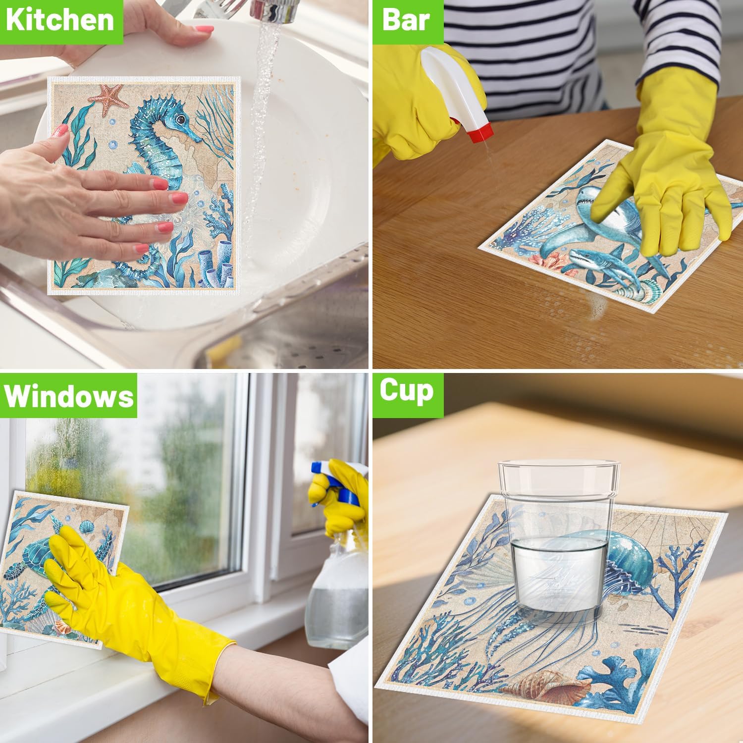 Swedish Dishcloths for Kitchen, Reusable Absorbent Fast Drying Sea Animals Theme Swedish Dish Cloths Gift Set, Washable Cellulose Sponge Cloths Dish Towel for Washing Dishes