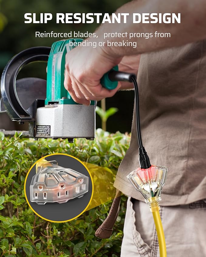 DEWENWILS 2 FT 12/3 Gauge Indoor/Outdoor Tri-Tap Extension Cord Splitter, SJTW 15 Amp Yellow Outer Jacket Contractor Grade Heavy Duty Power Cable with LED Lighted Plug, ETL Listed, Pack of 3