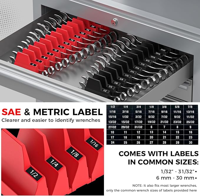 42PCS Magnetic Modular Wrench Organizers for Tool Drawers - Black & Red - Wrench Rack with Metric & SAE Labels, Customizable Magnet Tool Storage Holder for Tool Box Organization