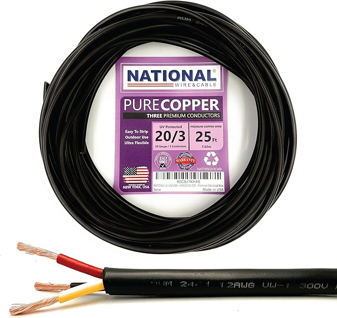 NATIONAL Wire & Cable – 20 AWG 3-Conductor Premium Copper Wire, 25 ft, Stranded | Made in USA, Flexible Jacket | Electronics, Controls, DIY Wiring, Indoor and Outdoor Use