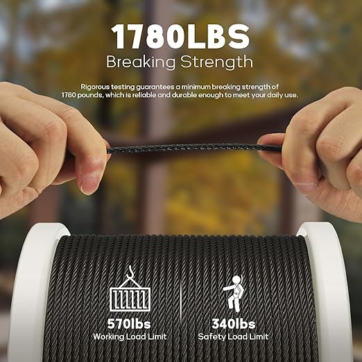 250FT 1/8" T316 Black Stainless Steel Cable, Black Wire Rope Aircraft Cable for Deck Cable Railing Kit, DIY Balustrades, 7x7 Strands Construction, Comes with a Cutter