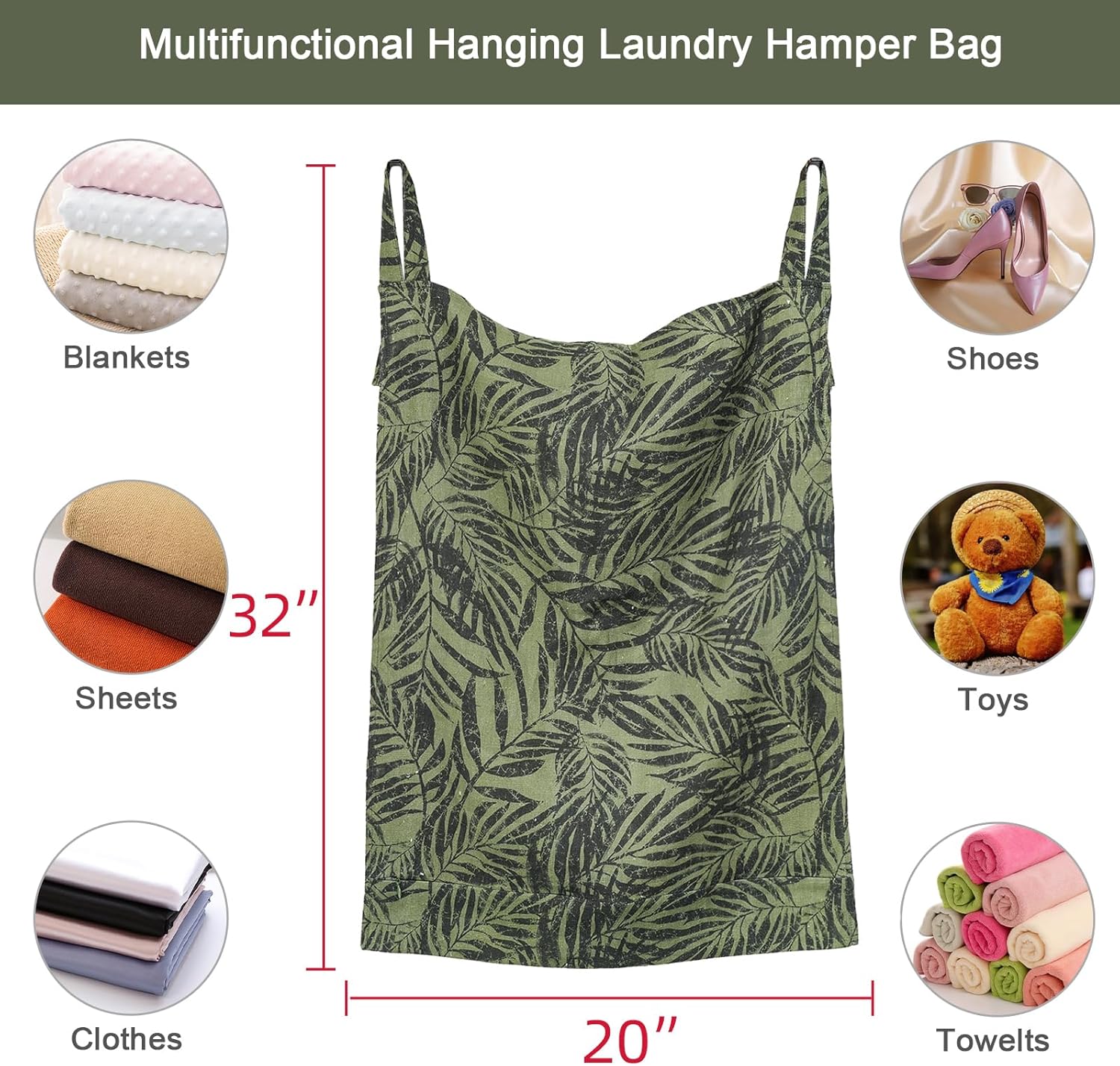 Linen Hanging Laundry Bag, 100% Linen Leaf Print Over The Door Laundry Hamper with Buttons and Zipper, Space Saving Door Hampers for Laundry Dirty Clothes Home Travel, Green, 19.7x27.5inches